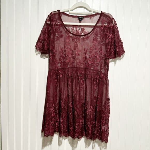 Torrid Burgundy Babydoll Sheer Lace Top Plus Size 0X - Picture 2 of 6